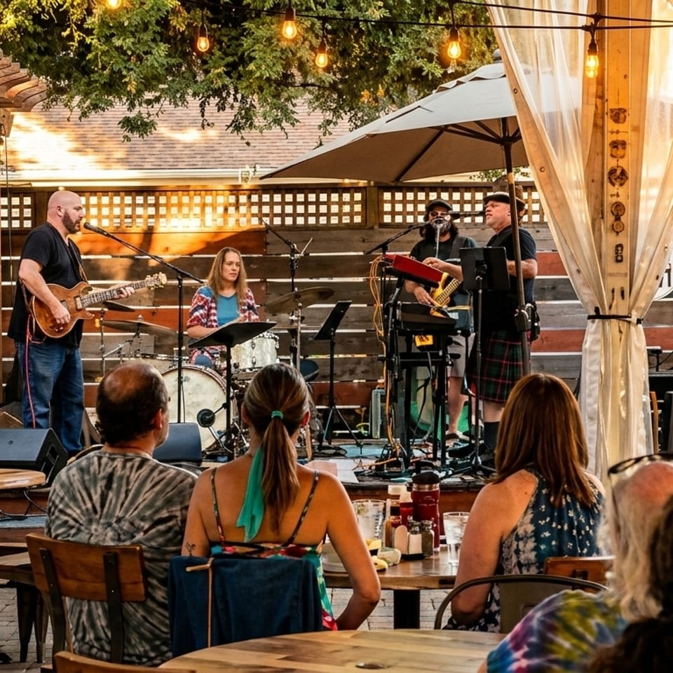 A band performs on an outdoor patio with string lights and seated diners.