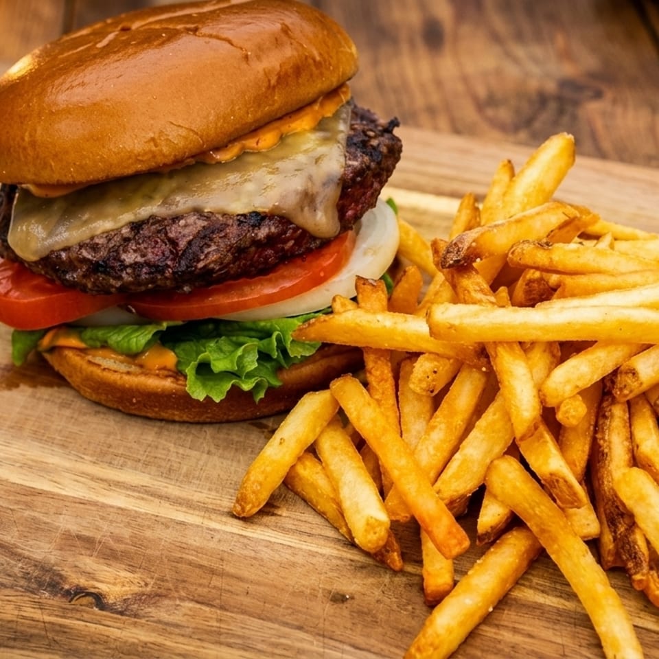 Cheeseburger with lettuce, tomato, onion, and a side of golden french fries on a wooden board.