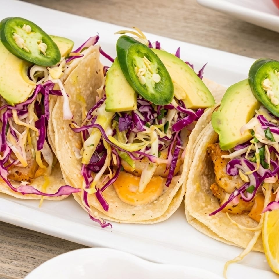 Three shrimp tacos with red cabbage, avocado, and jalapeños on a white plate.