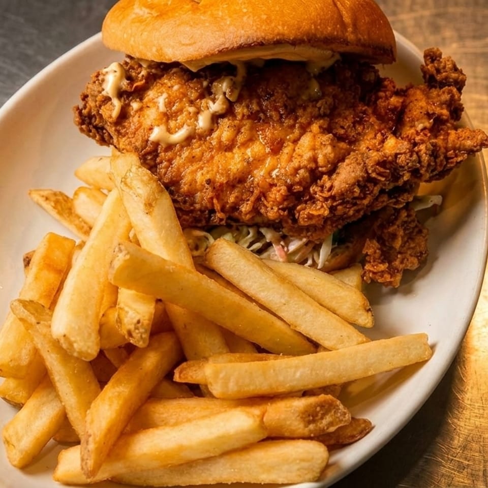 Crispy fried chicken sandwich with coleslaw and mayonnaise, served with golden french fries on a white plate.