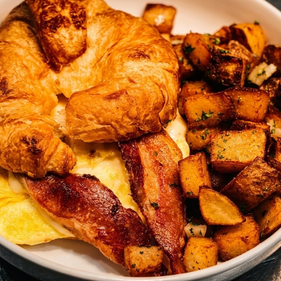 Breakfast plate with a croissant sandwich, crispy bacon, scrambled eggs, and roasted potatoes.