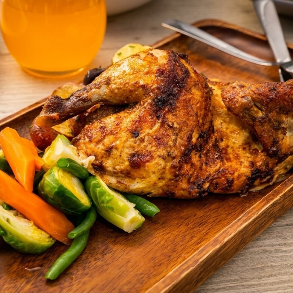 A whole roasted chicken with roasted vegetables and potatoes on a wooden tray.