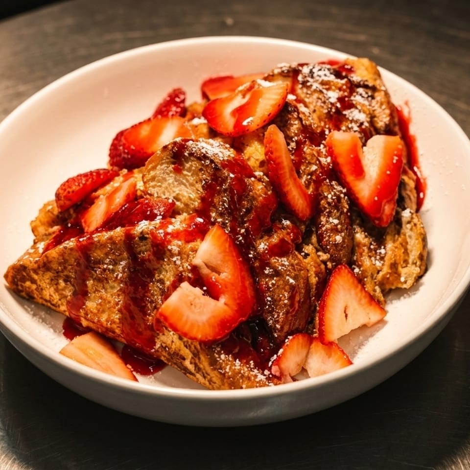 Golden French toast topped with fresh strawberries, strawberry syrup, and powdered sugar in a white bowl.