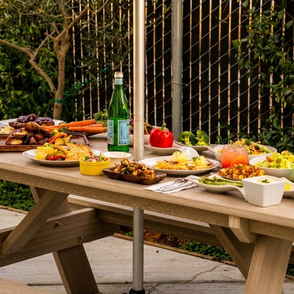 A picnic table laden with various dishes, including burgers, salads, roasted vegetables, and drinks.