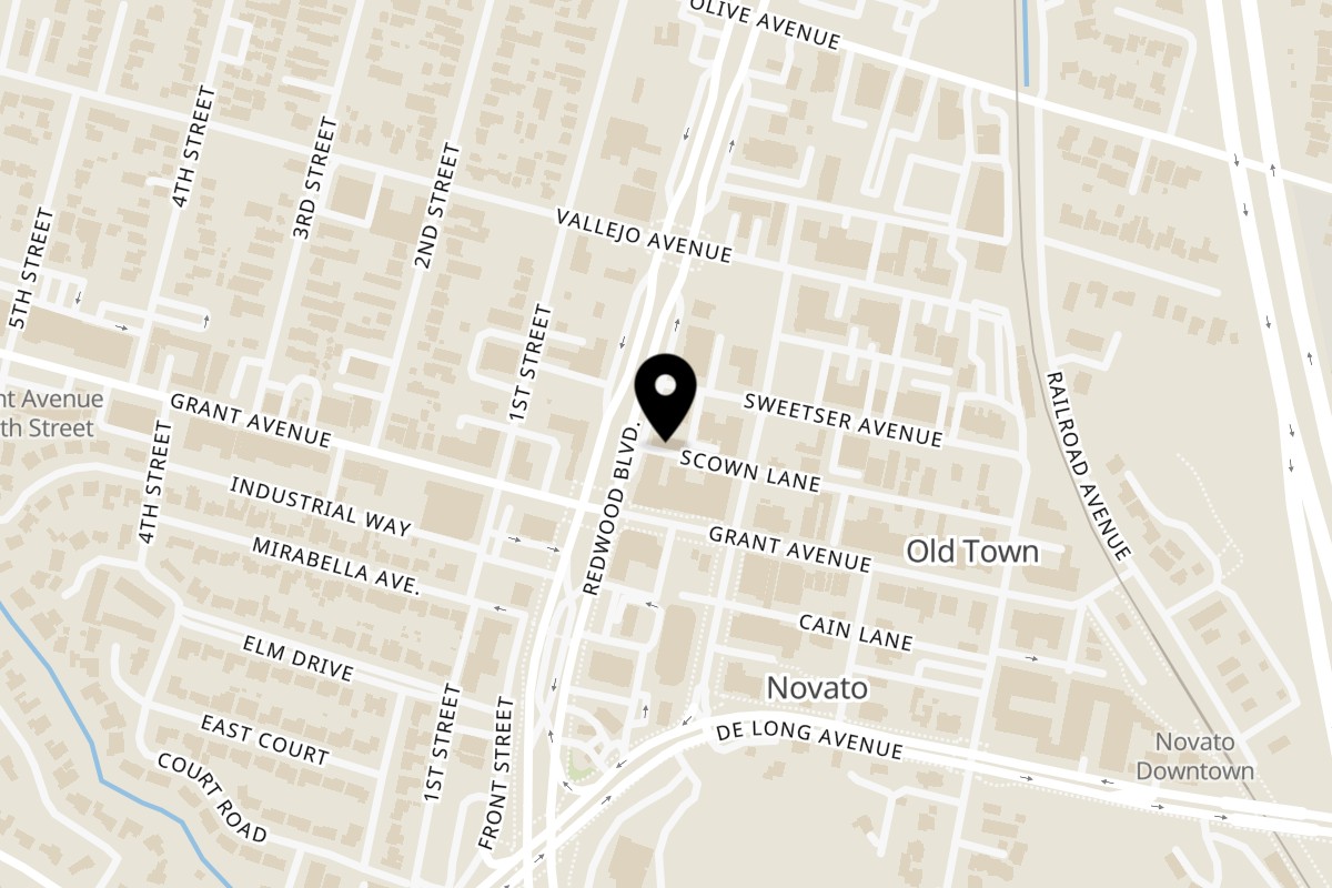Map showing the location of Golden Gate Bistro Novato on 7380 Redwood Blvd in Novato